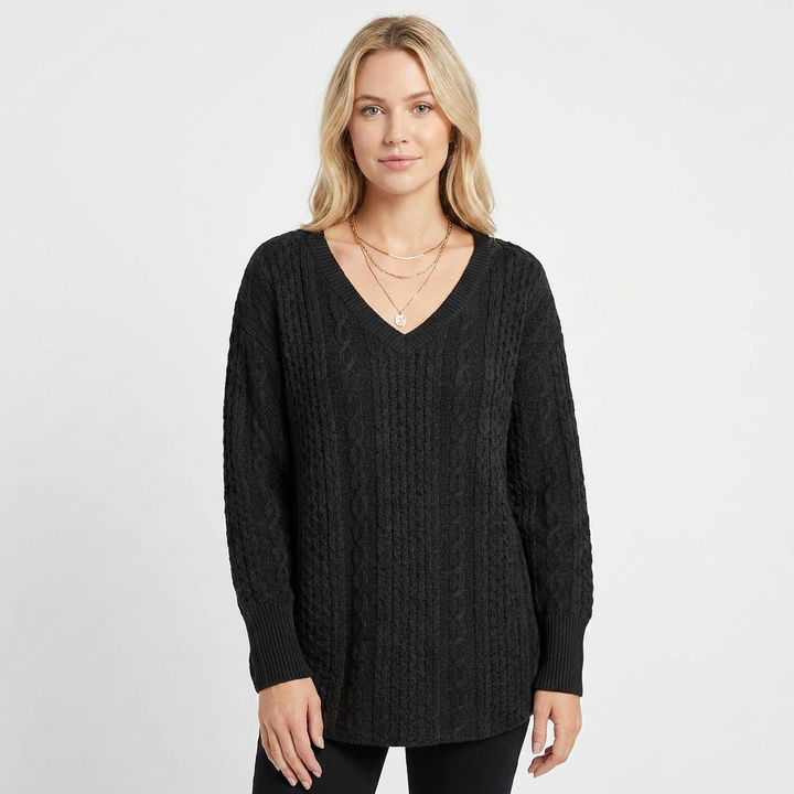 Women's Cable Knit Sweater Oversized V-Neck Long Sleeve Pullover