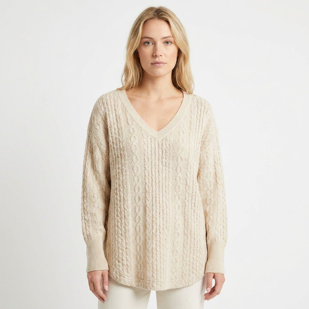 Women's Cable Knit Sweater Oversized V-Neck Long Sleeve Pullover