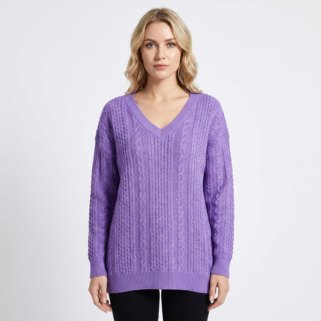Women's Cable Knit Sweater Oversized V-Neck Long Sleeve Pullover