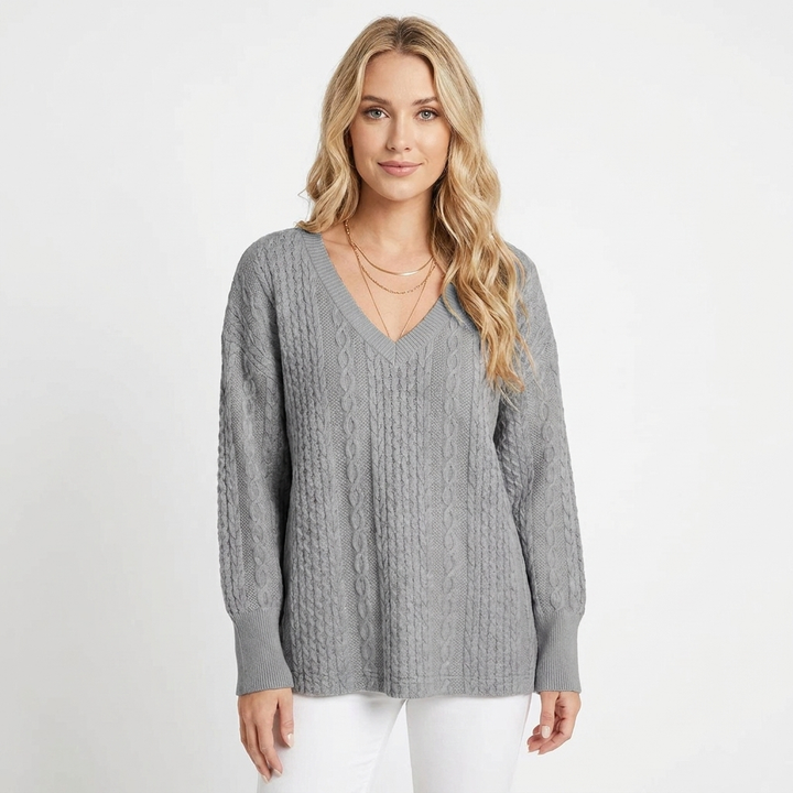 Women's Cable Knit Sweater Oversized V-Neck Long Sleeve Pullover