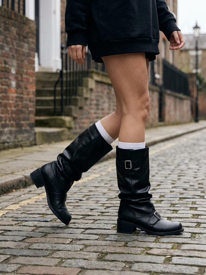Women's Slouchy Knee High Boots Buckle Strap Block Heel