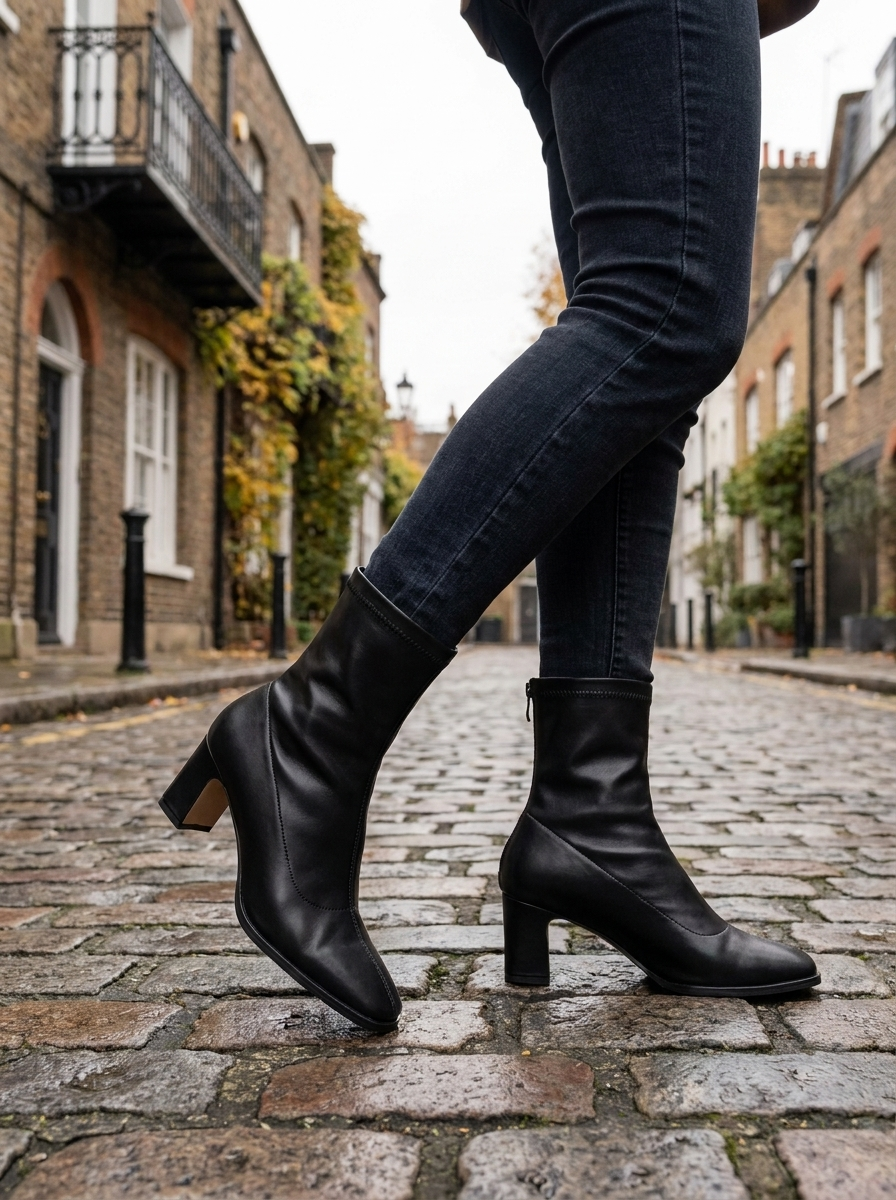 Women's Square Toe Ankle Boots Sock Fit Mid Heel Booties
