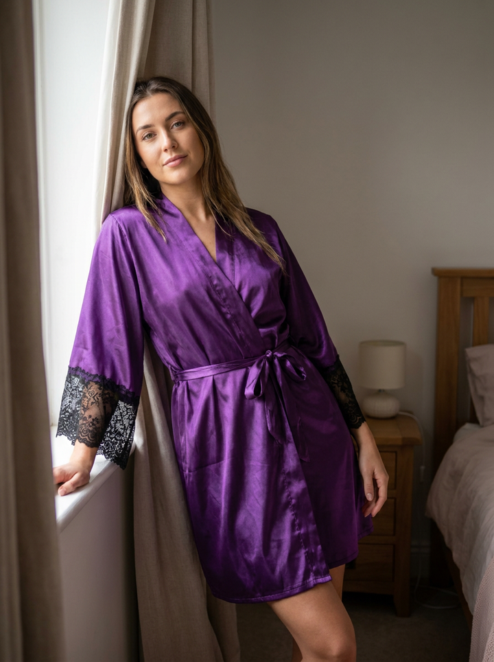 Women's Satin Lace Trim Robe Kimono Sleeve Sleepwear