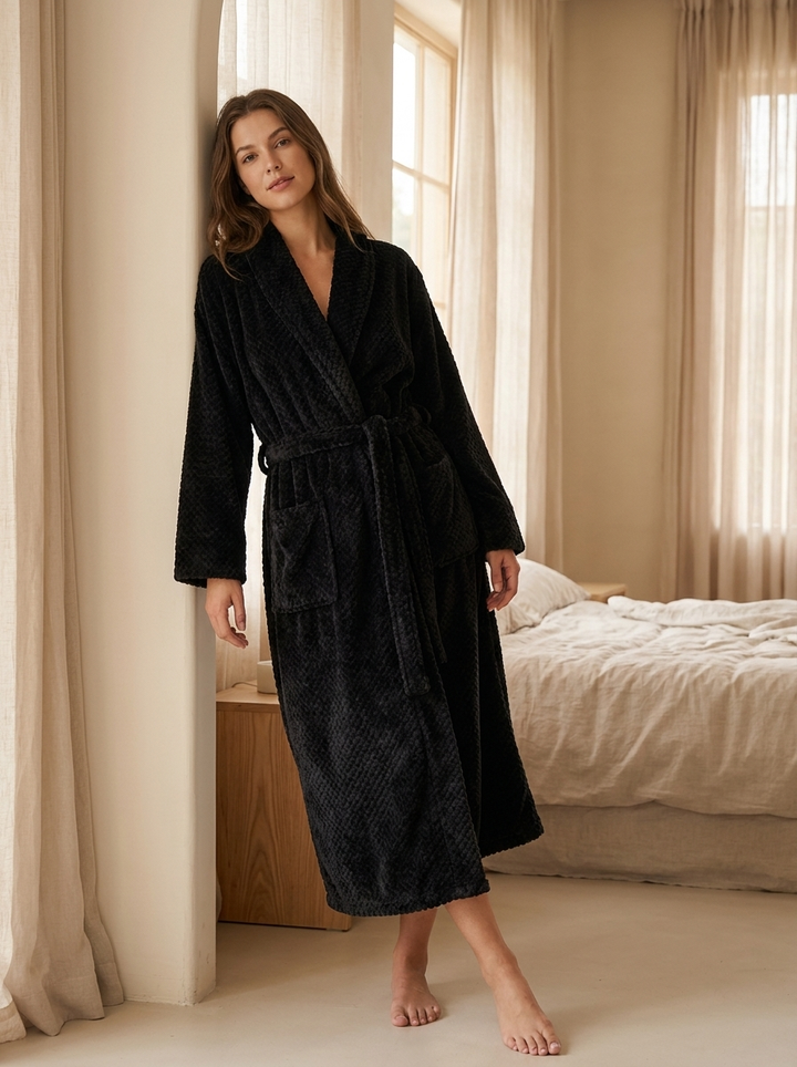 Unisex Fleece Bathrobe Long Shawl Collar Tie Waist Robe