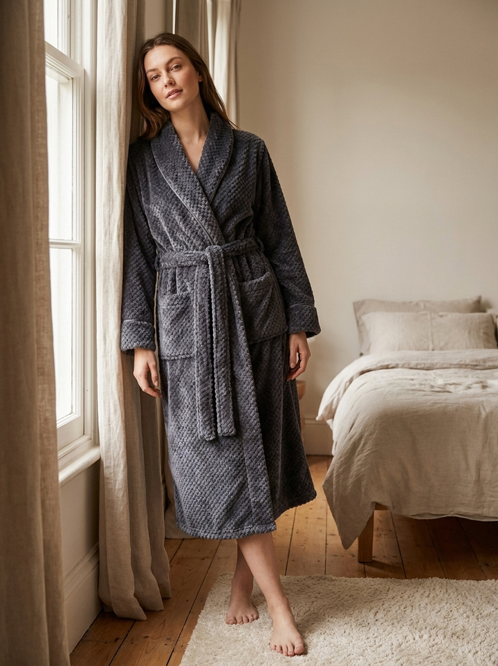 Unisex Fleece Bathrobe Long Shawl Collar Tie Waist Robe