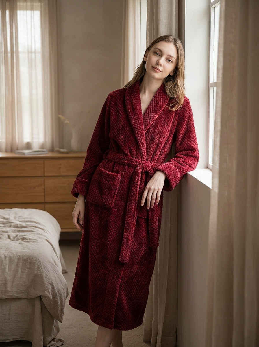 Unisex Fleece Bathrobe Long Shawl Collar Tie Waist Robe