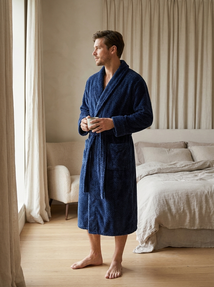 Unisex Fleece Bathrobe Long Shawl Collar Tie Waist Robe