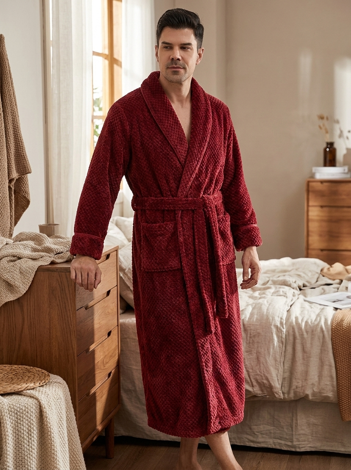 Unisex Fleece Bathrobe Long Shawl Collar Tie Waist Robe