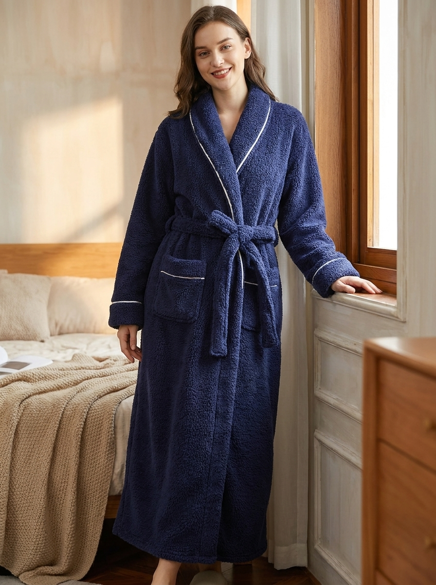 Unisex Sherpa Bathrobe Contrast Trim Long Winter Robe