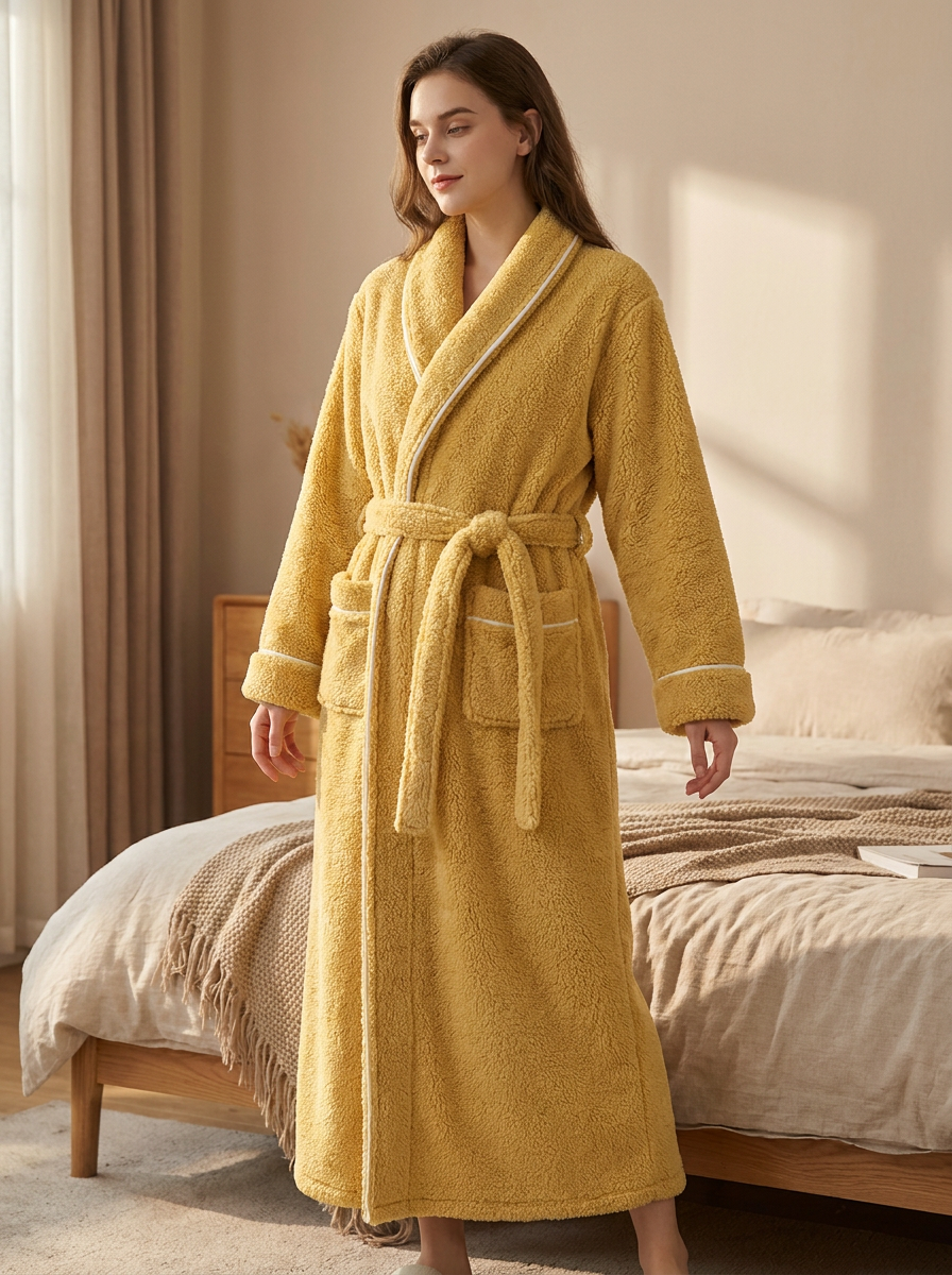 Unisex Sherpa Bathrobe Contrast Trim Long Winter Robe