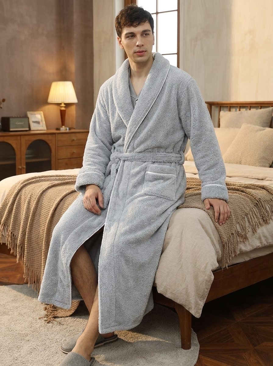 Unisex Sherpa Bathrobe Contrast Trim Long Winter Robe