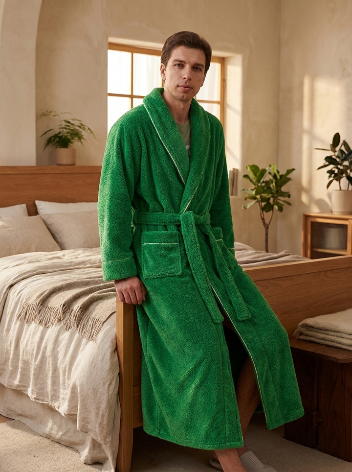 Unisex Sherpa Bathrobe Contrast Trim Long Winter Robe