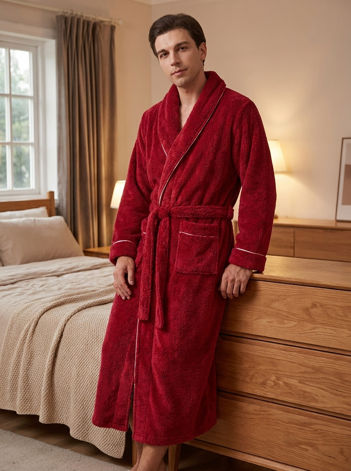 Unisex Sherpa Bathrobe Contrast Trim Long Winter Robe