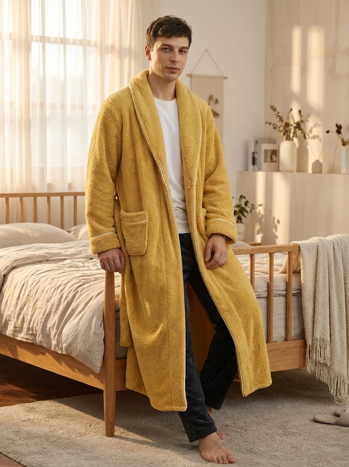 Unisex Sherpa Bathrobe Contrast Trim Long Winter Robe