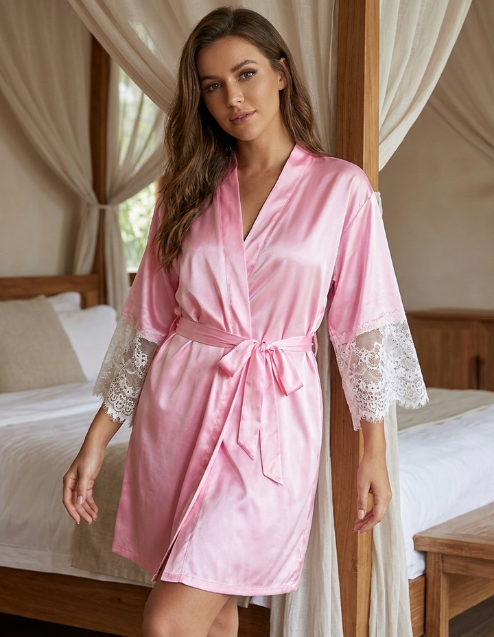 Women's Satin Lace Trim Robe Kimono Sleeve Sleepwear