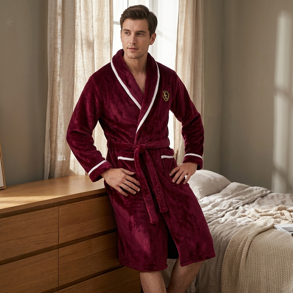 Men's Fleece Bathrobe Shawl Collar Long Winter Robe