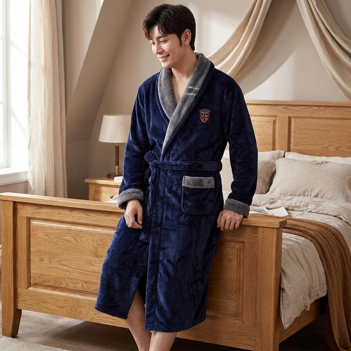 Men's Fleece Bathrobe Shawl Collar Long Winter Robe