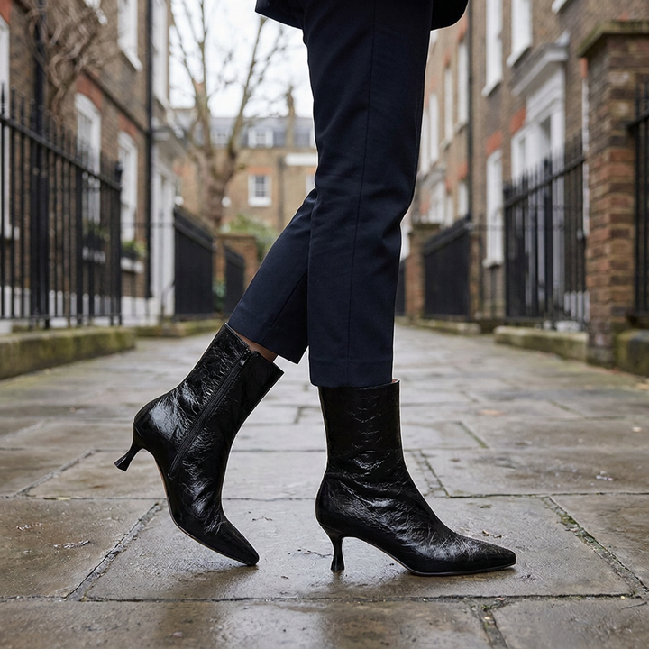Women's Pointed Toe Ankle Boots Kitten Heel Leather Booties