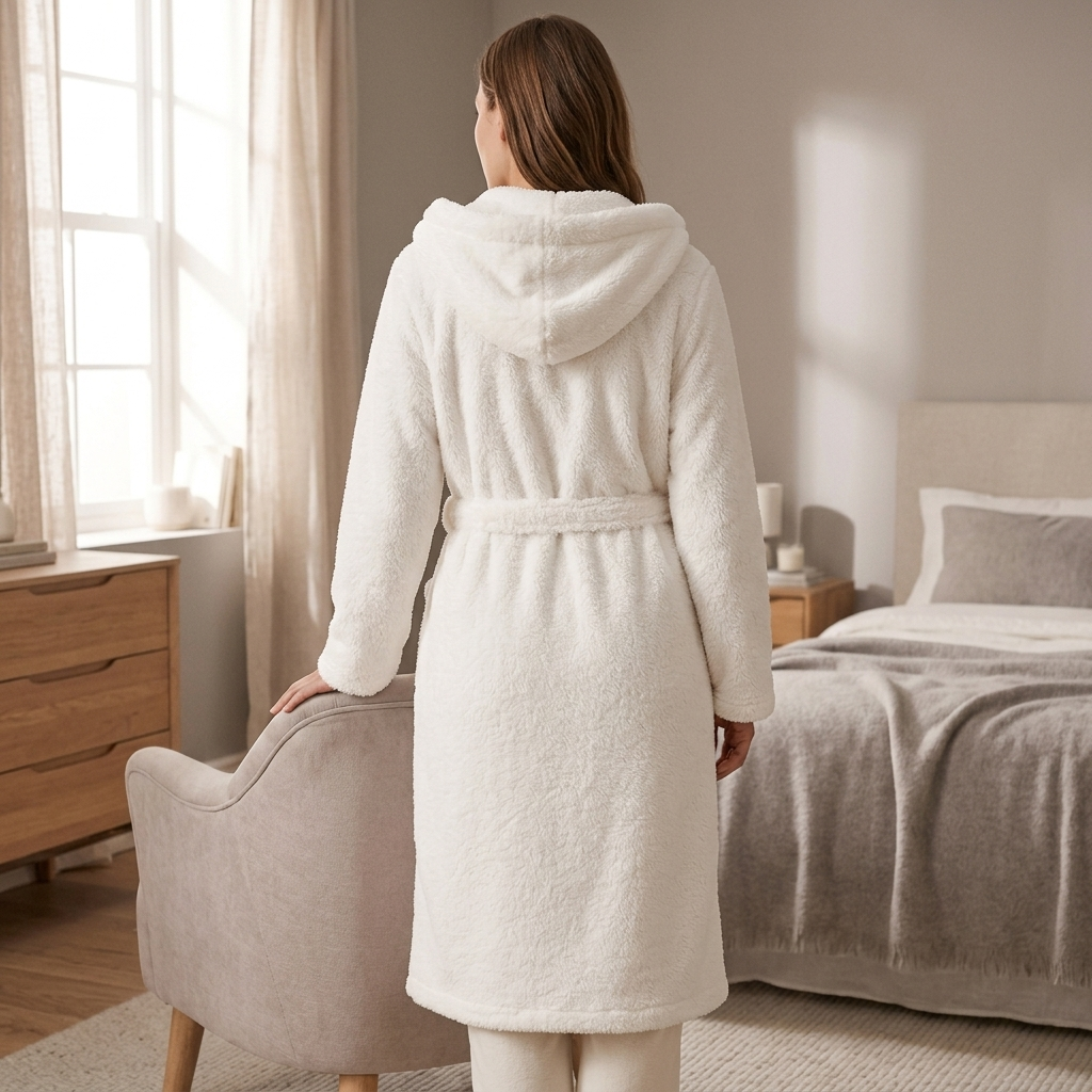Women's Fleece Hooded Bathrobe with Tie Waist