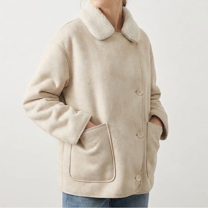 Oversized Shearling Trim Faux Suede Jacket