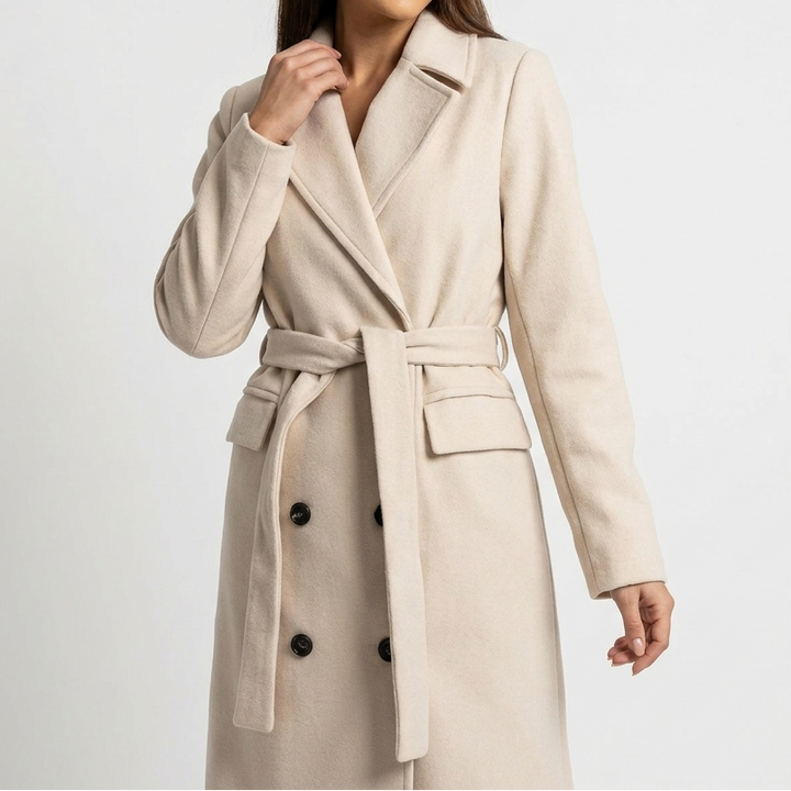 Double-Breasted Belted Wool Blend Overcoat