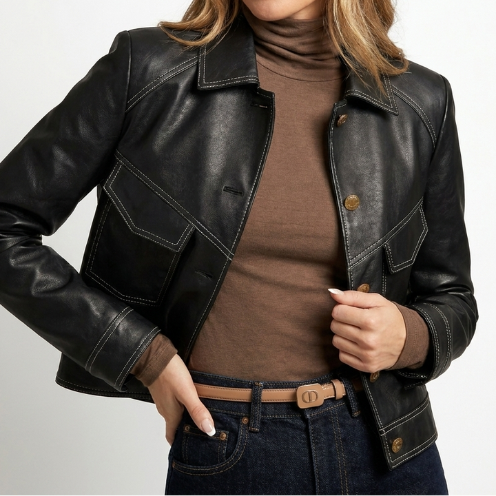 Women's Vintage Cropped Contrast Stitch Faux Leather Jacket