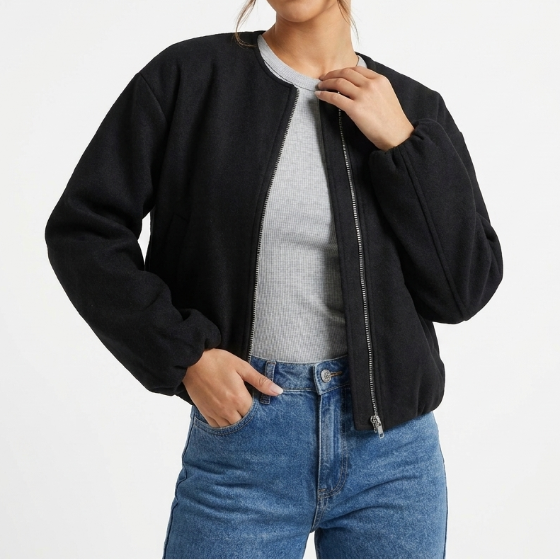Women's Collarless Cropped Zip-Up Casual Bomber Jacket
