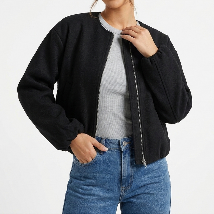 Women's Collarless Cropped Zip-Up Casual Bomber Jacket