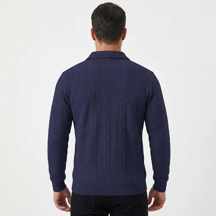 Men's Quarter-Zip Cable Knit Textured Long Sleeve Polo Jumper