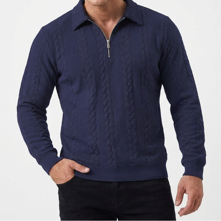 Men's Quarter-Zip Cable Knit Textured Long Sleeve Polo Jumper
