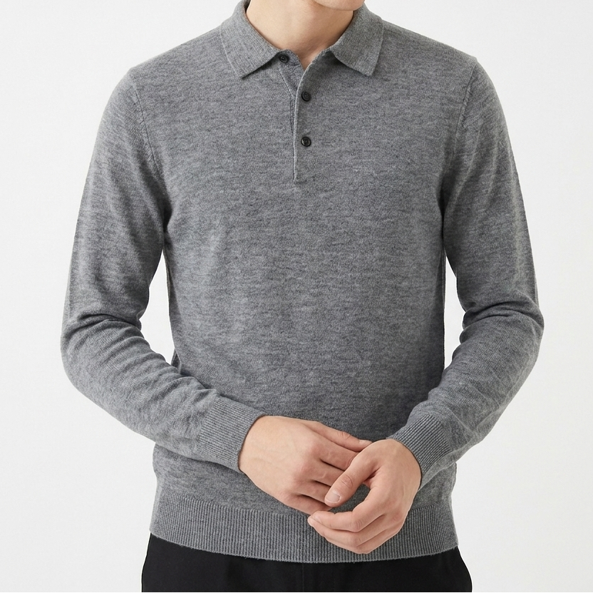 Men's Slim Fit Textured Knit Long Sleeve Ribbed Polo Top