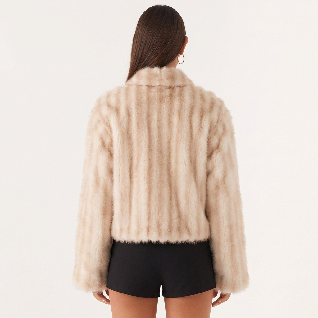 Women's Ribbed Full Zip Cropped Plush Faux Fur Bomber Jacket