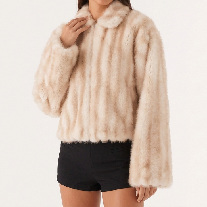 Women's Ribbed Full Zip Cropped Plush Faux Fur Bomber Jacket