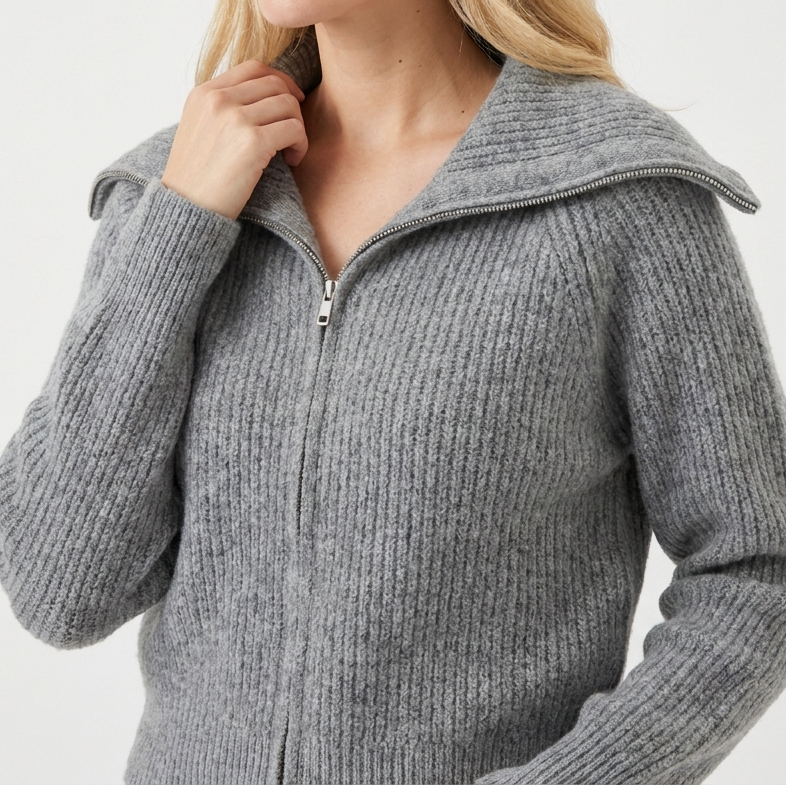 Women's Oversized Ribbed Zip-Up Spread Collar Knit Cardigan