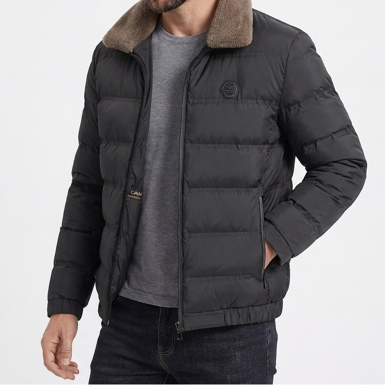 Men’s Slim Fit Puffer Jacket with Faux Fur Collar