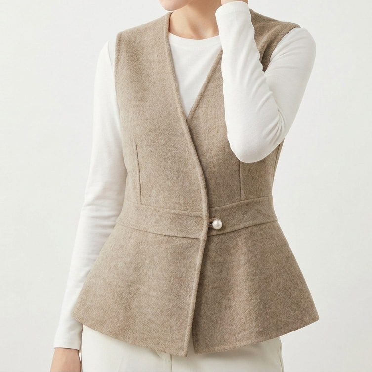 Women’s Wool-Blend Peplum Vest Elegant Sleeveless Waistcoat with Pearl Button