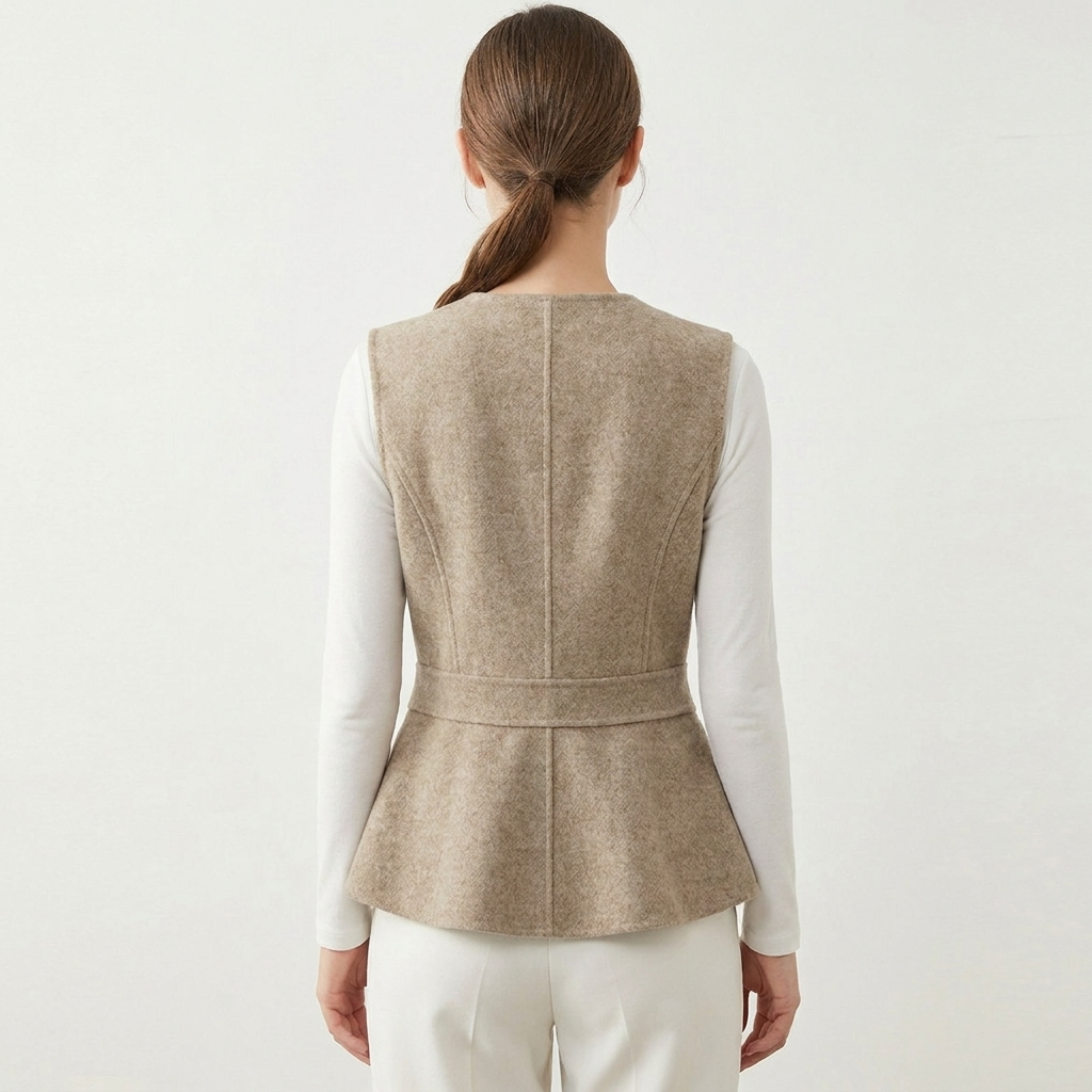 Women’s Wool-Blend Peplum Vest Elegant Sleeveless Waistcoat with Pearl Button