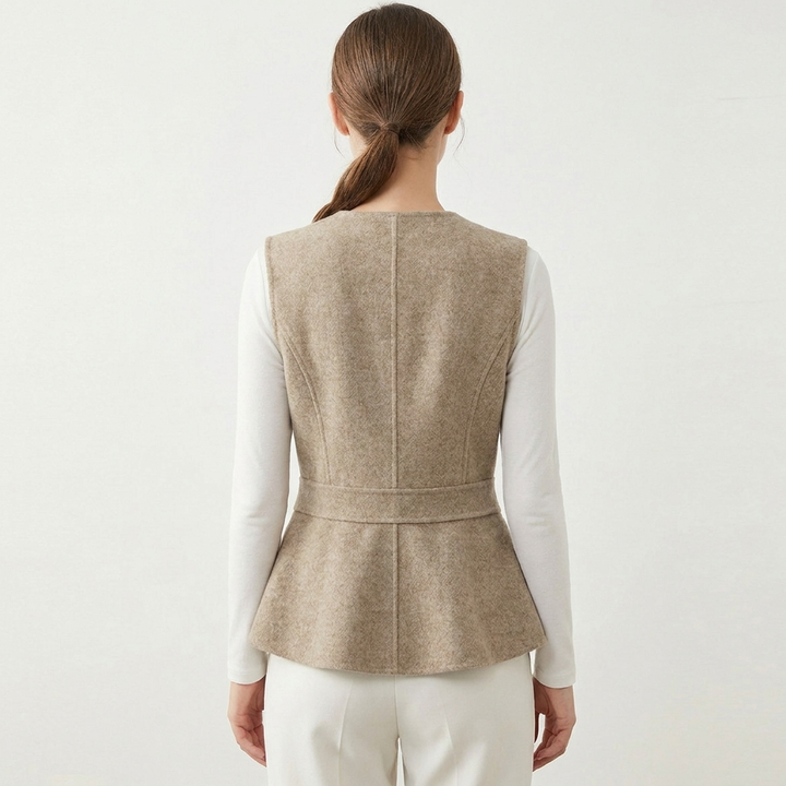 Women’s Wool-Blend Peplum Vest Elegant Sleeveless Waistcoat with Pearl Button