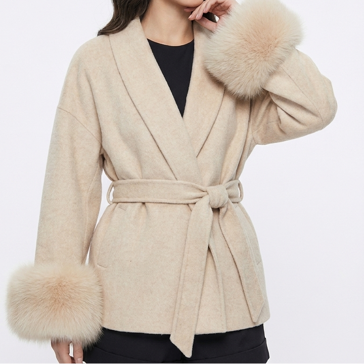 Women's Wrap Coats – Belted Jacket with Faux Fur Cuff Detail
