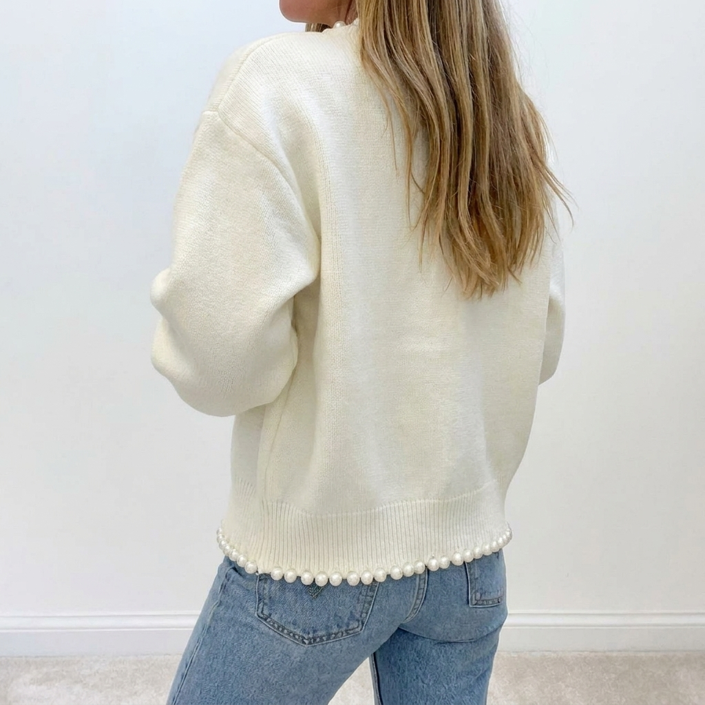Women's Cardigan – Pearl Trim Cropped Open Front Knit Cardigan