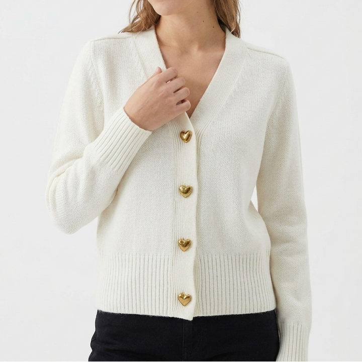 Women's Cardigan – V-Neck Knit Cardigan with Gold Heart Buttons