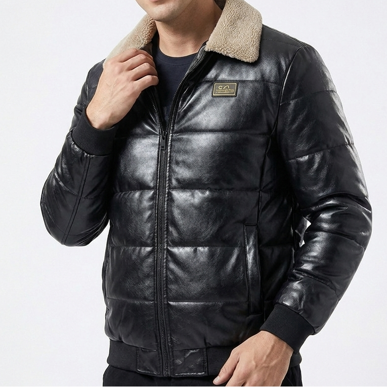 Sherpa Collar Padded Faux Leather Jacket