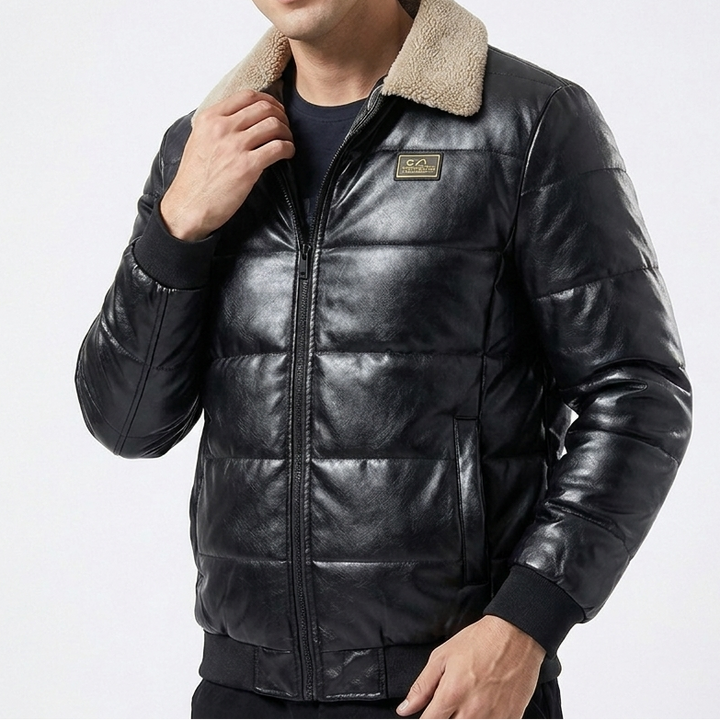Sherpa Collar Padded Faux Leather Jacket