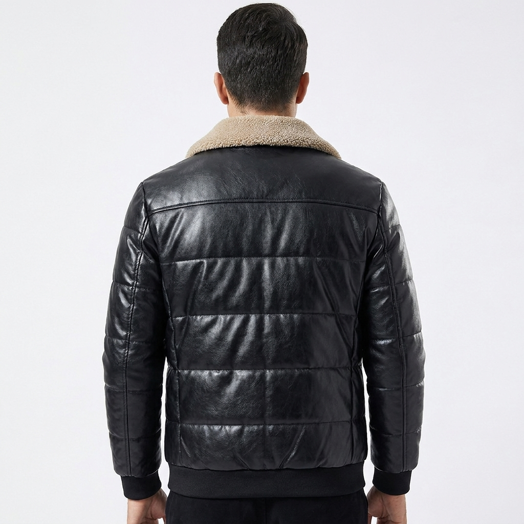 Sherpa Collar Padded Faux Leather Jacket