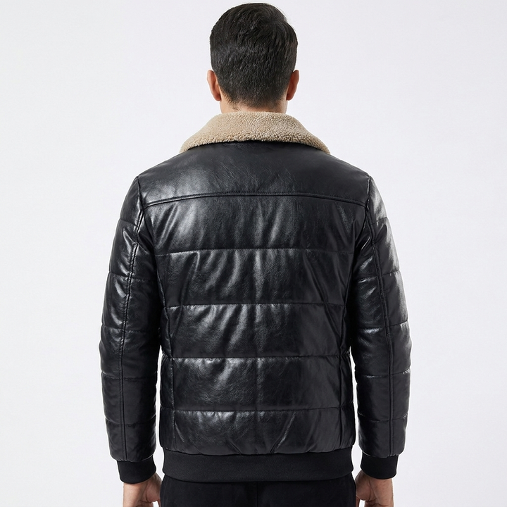 Sherpa Collar Padded Faux Leather Jacket