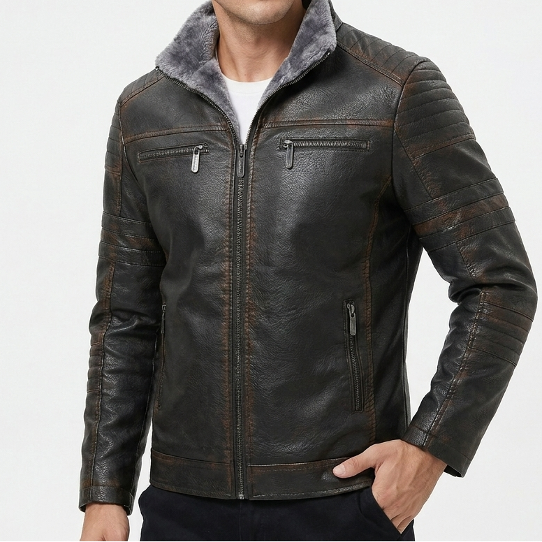 Fur Lined Faux Leather Motorcycle Jacket