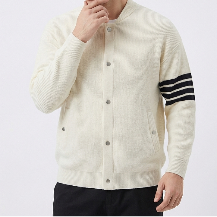 Men's Cardigan – Varsity Stripe Snap-Button Knit Bomber Cardigan