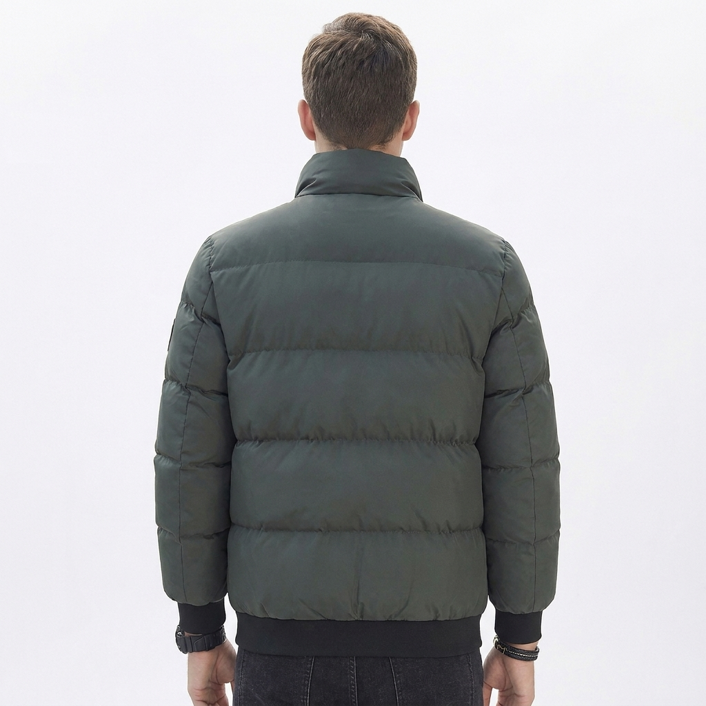 Men's Puffer Jacket – Stand Collar Padded Down Jacket with Badge Detail
