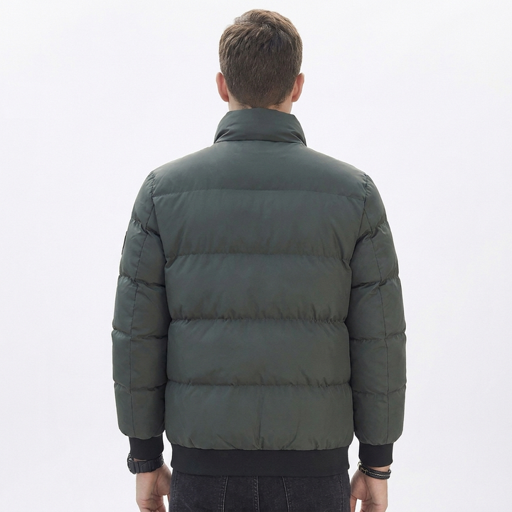 Men's Puffer Jacket – Stand Collar Padded Down Jacket with Badge Detail