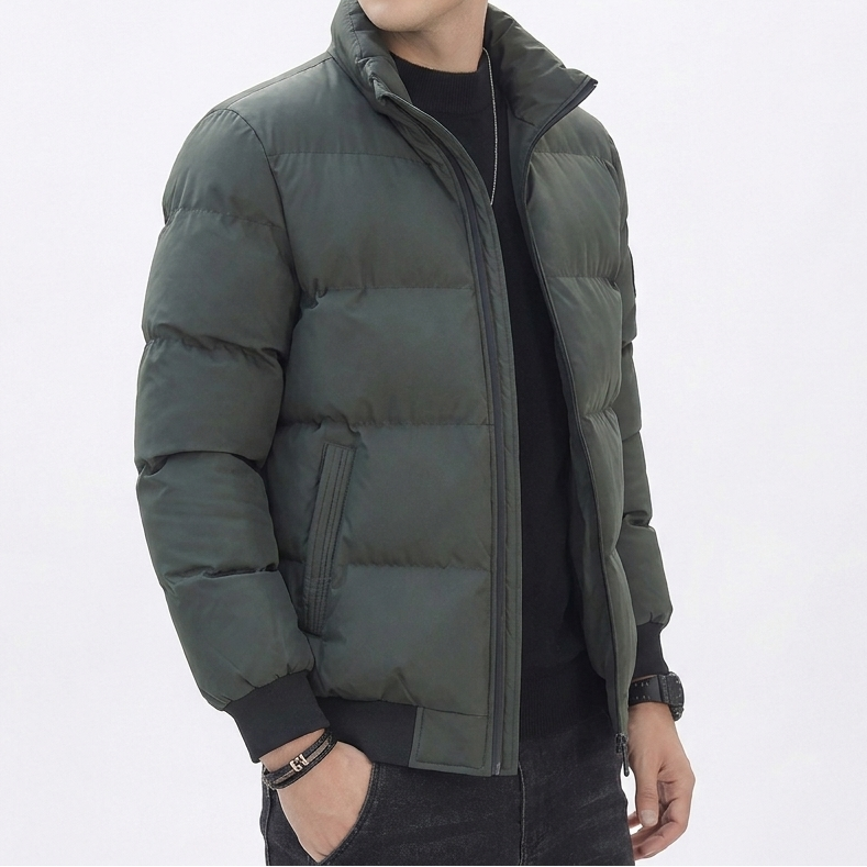 Men's Puffer Jacket – Stand Collar Padded Down Jacket with Badge Detail